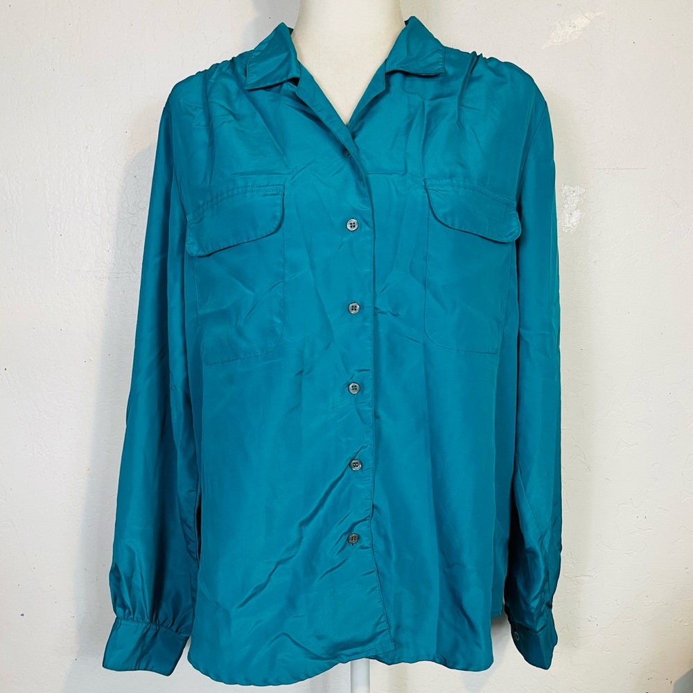 Vintage 70s 80s Shapely Plus Size 16 Women's Button Down Shirt Blouse Blue Green